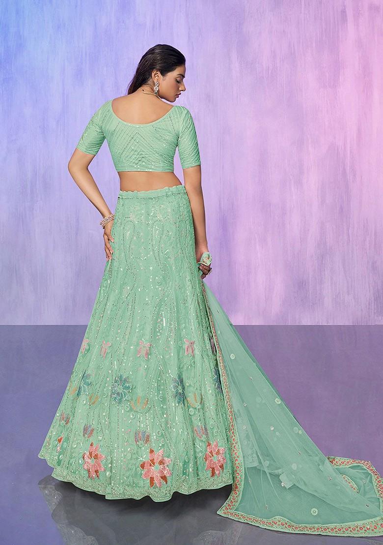 Blue Embroidered Poly Blend Lehenga Set