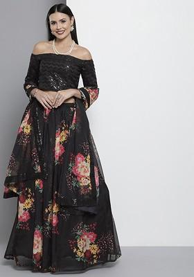Black Embroidered Poly Blend Lehenga Set