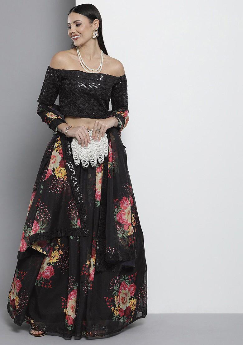 Black Embroidered Poly Blend Lehenga Set