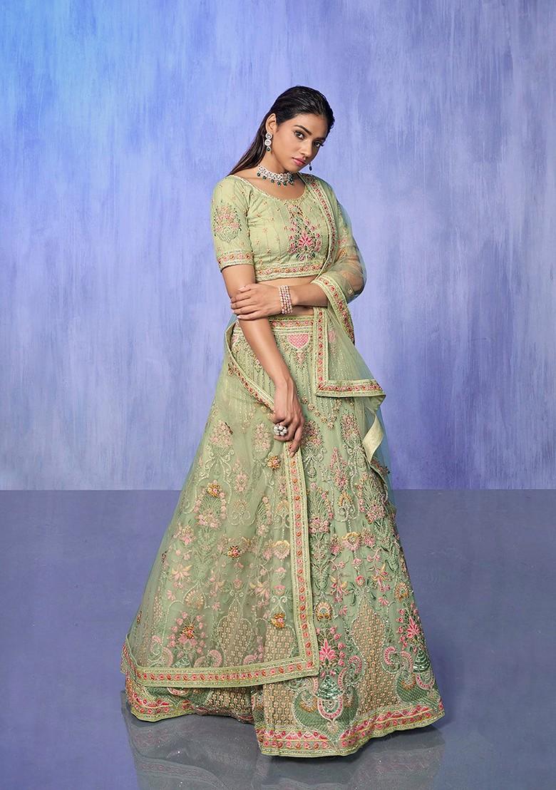 Green Embroidered Poly Blend Lehenga Set