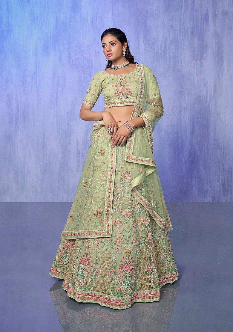 Green Embroidered Poly Blend Lehenga Set