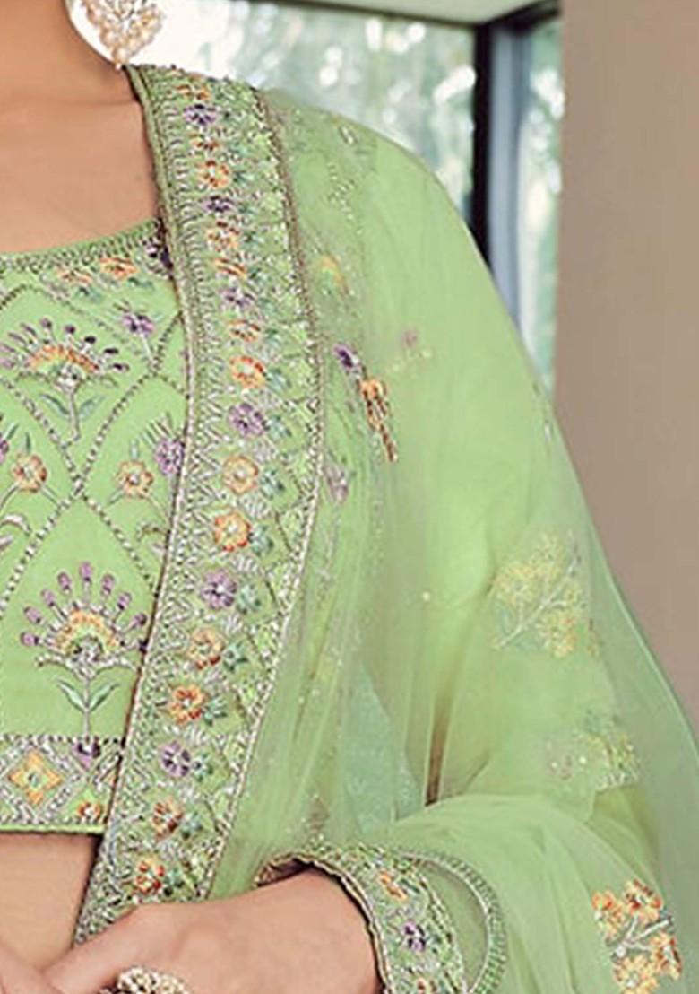 Green Embroidered Poly Blend Lehenga Set