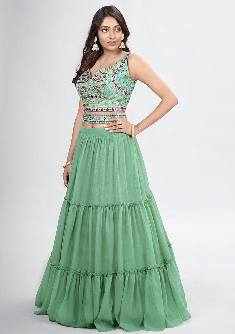 Green Embroidered Poly Blend Lehenga Set