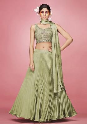 Olive Green Embroidered Poly Blend Lehenga Set