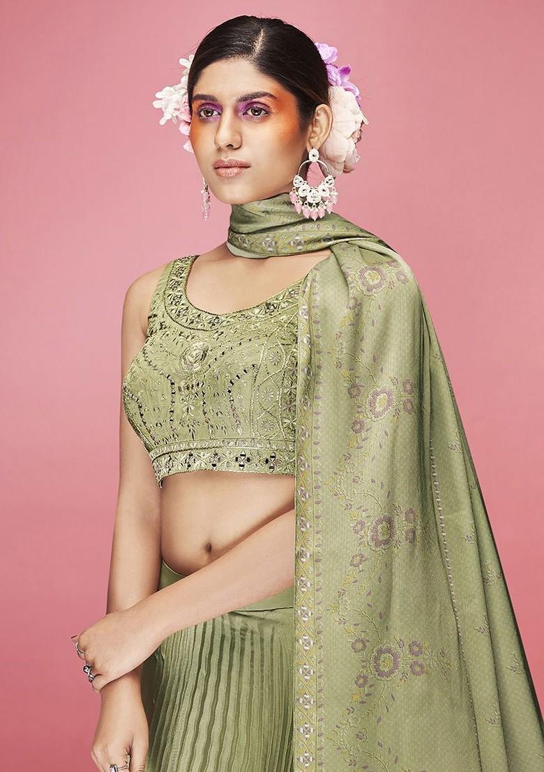 Olive Green Embroidered Poly Blend Lehenga Set