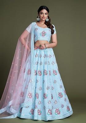 Blue Embroidered Poly Blend Lehenga Set