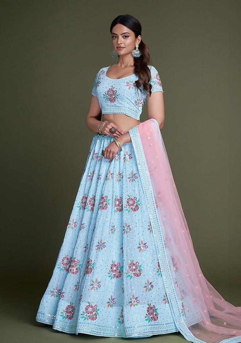 Blue Embroidered Poly Blend Lehenga Set