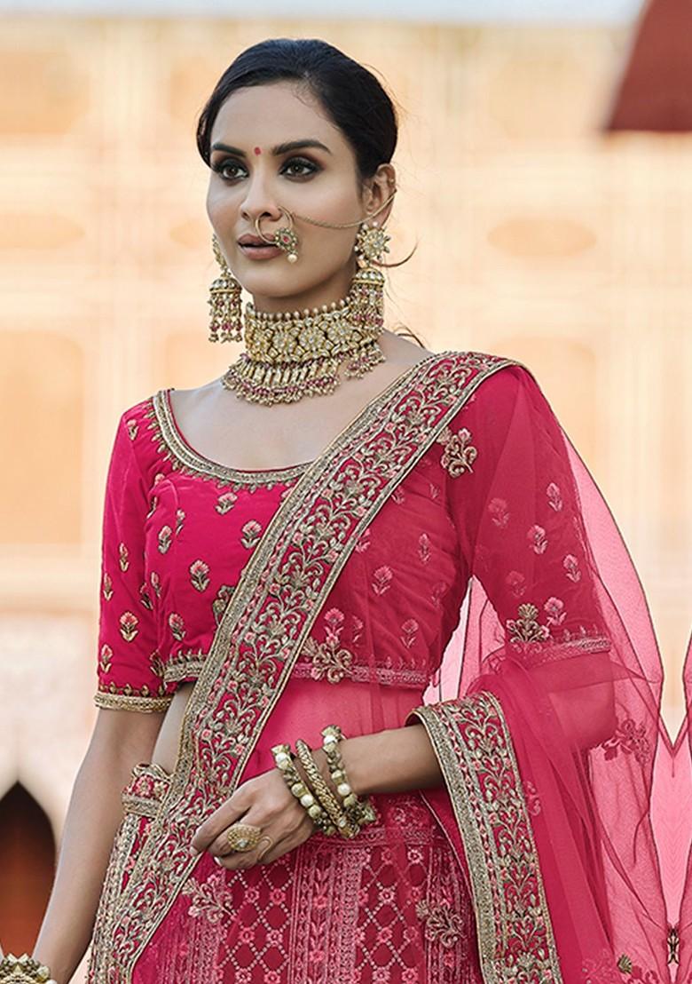 Pink Embroidered Poly Blend Lehenga Set