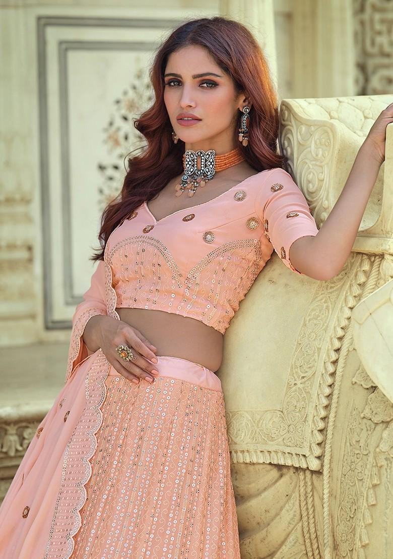 Peach Embroidered Poly Blend Lehenga Set