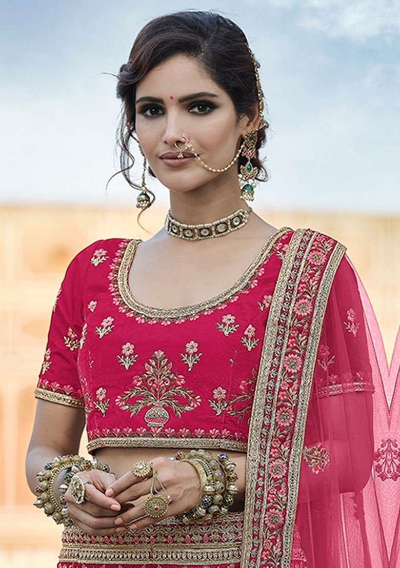 Pink Embroidered Poly Blend Lehenga Set - Indya