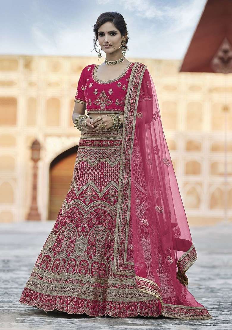 Pink Embroidered Poly Blend Lehenga Set - Indya