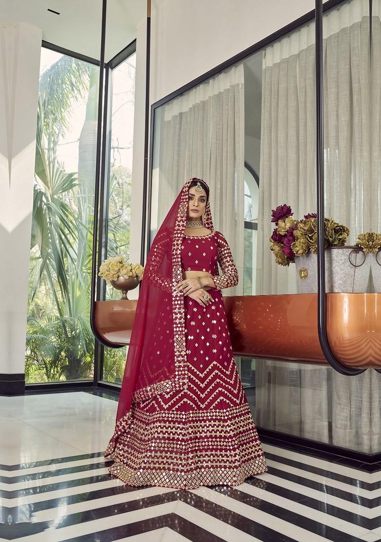 Red Embroidered Poly Blend Lehenga Set