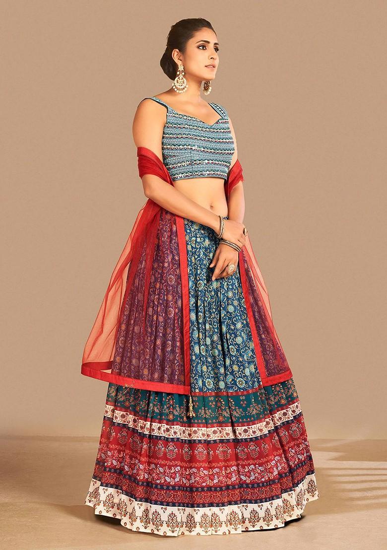Blue Embroidered Poly Blend Lehenga Set