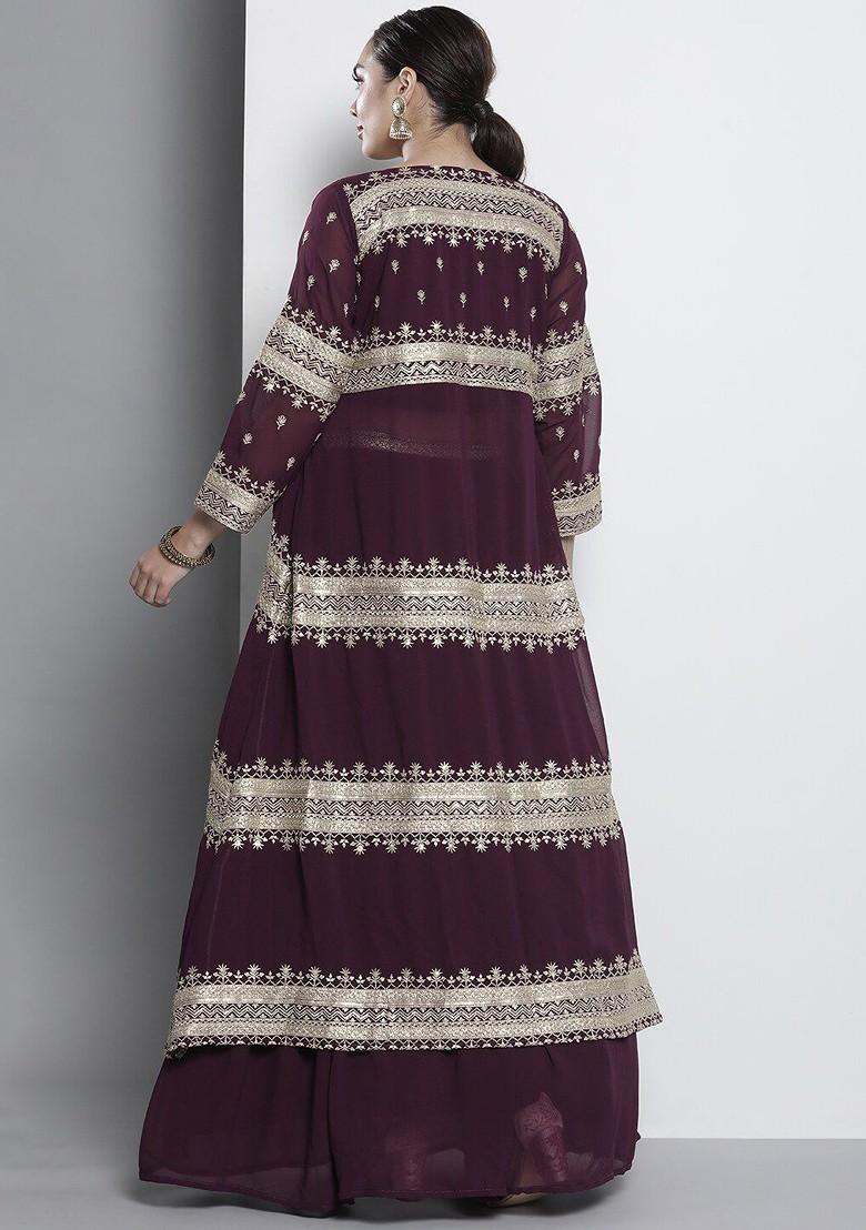 Burgundy Embroidered Poly Blend Lehenga Set