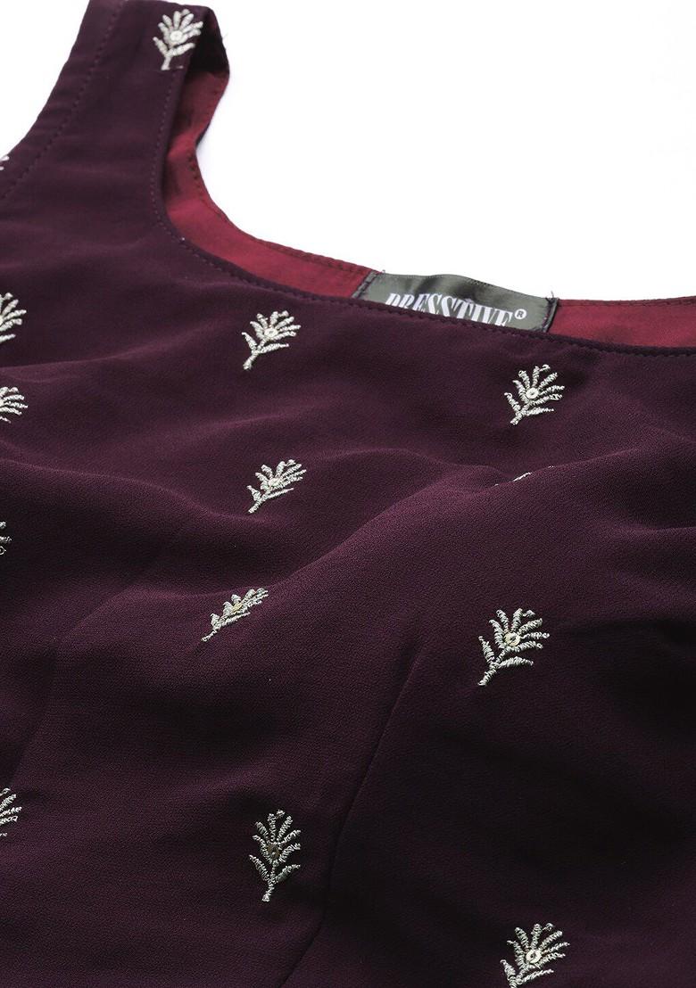 Burgundy Embroidered Poly Blend Lehenga Set