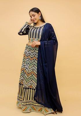 Navy Blue Embroidered Poly Blend Lehenga Set