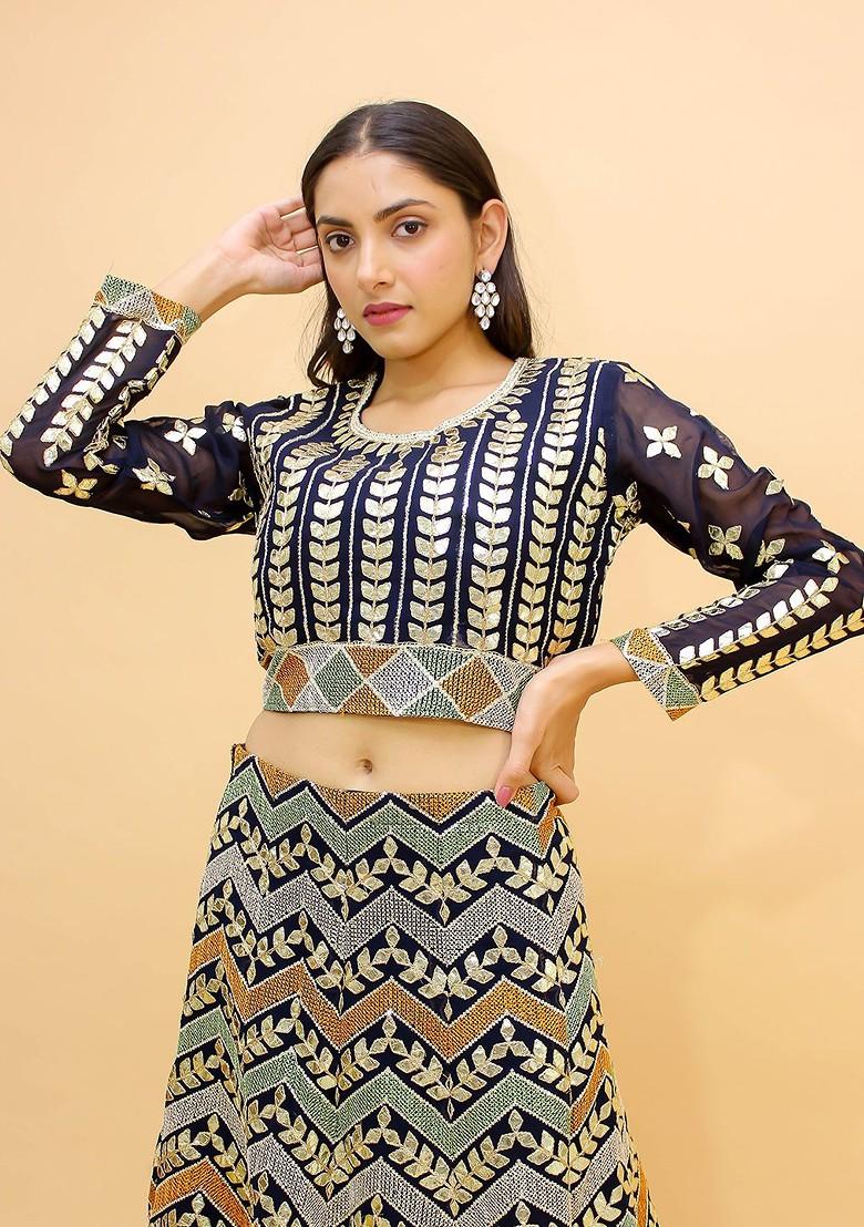 Navy Blue Embroidered Poly Blend Lehenga Set