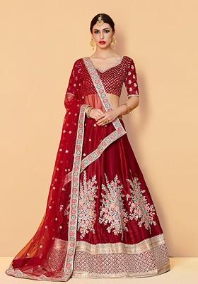 Maroon Embroidered Poly Blend Lehenga Set
