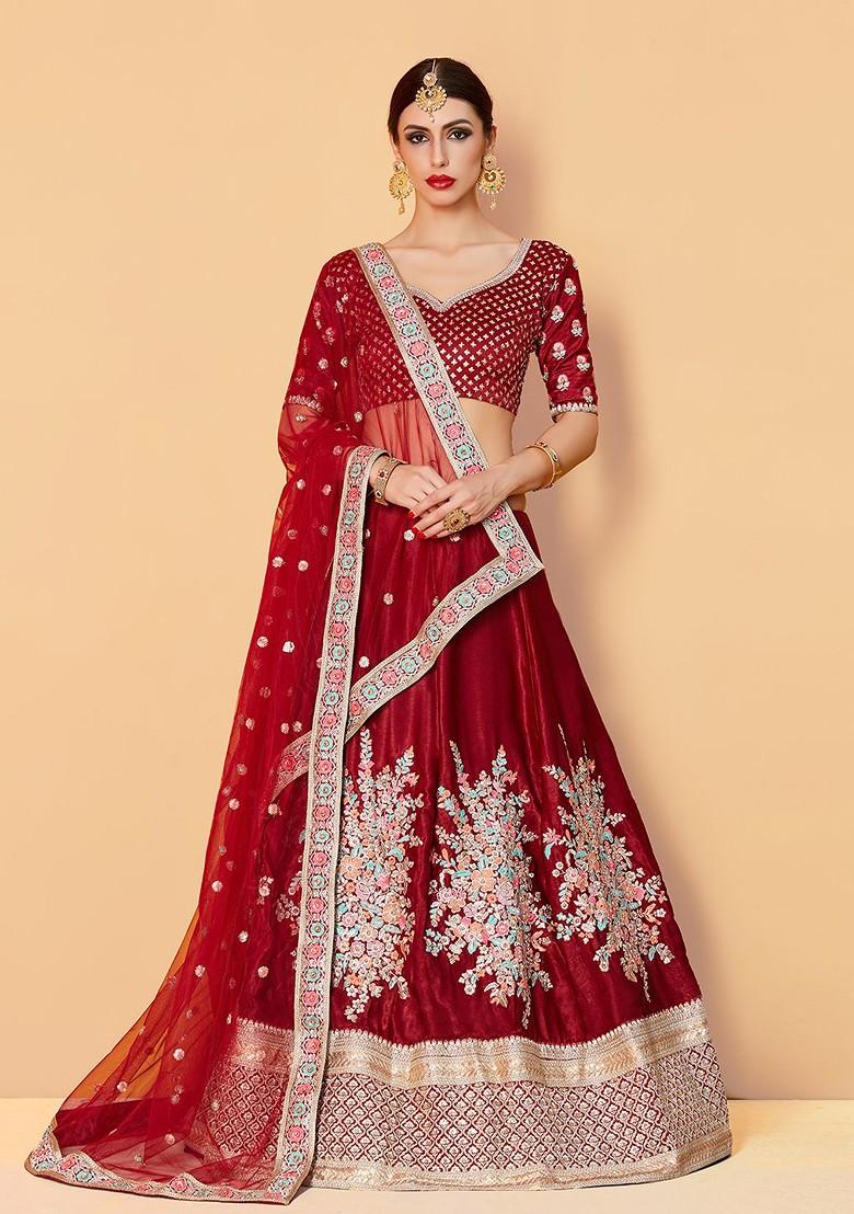 Maroon Embroidered Poly Blend Lehenga Set