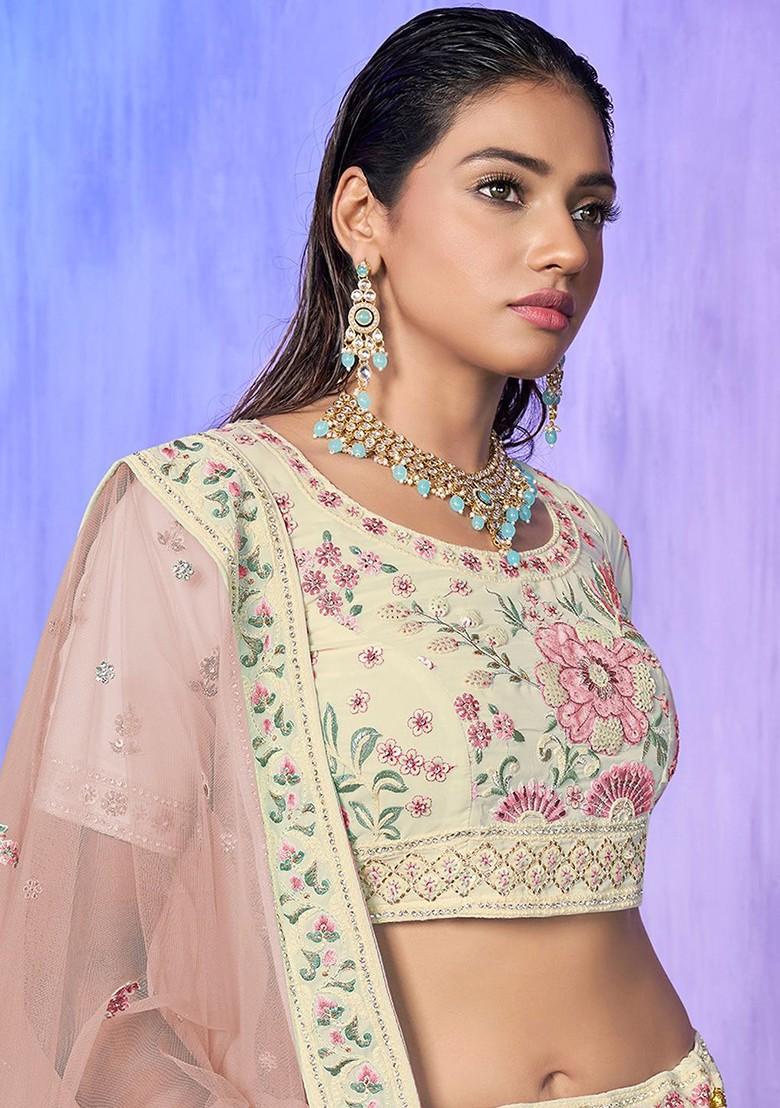 Off White Embroidered Poly Blend Lehenga Set