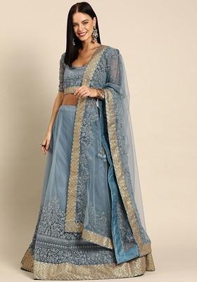 Grey Embroidered Poly Blend Lehenga Set