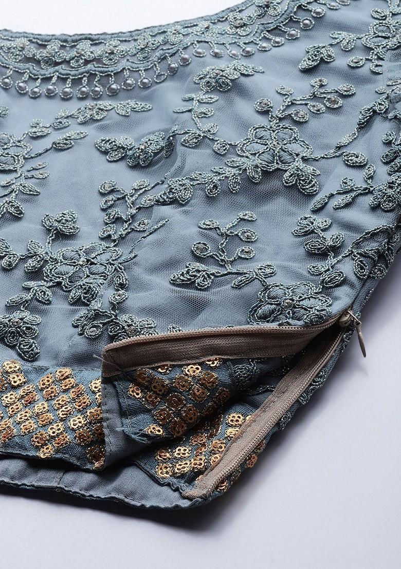 Grey Embroidered Poly Blend Lehenga Set