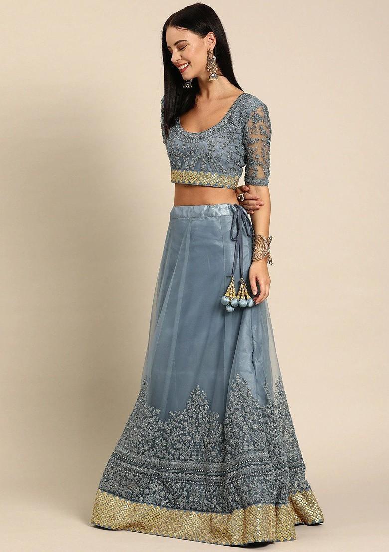 Grey Embroidered Poly Blend Lehenga Set
