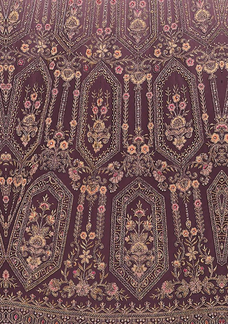 Burgundy Embroidered Poly Blend Lehenga Set