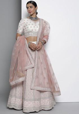 White Embroidered Poly Blend Lehenga Set