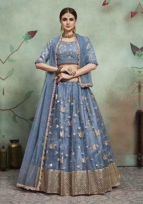 Grey Embroidered Poly Blend Lehenga Set