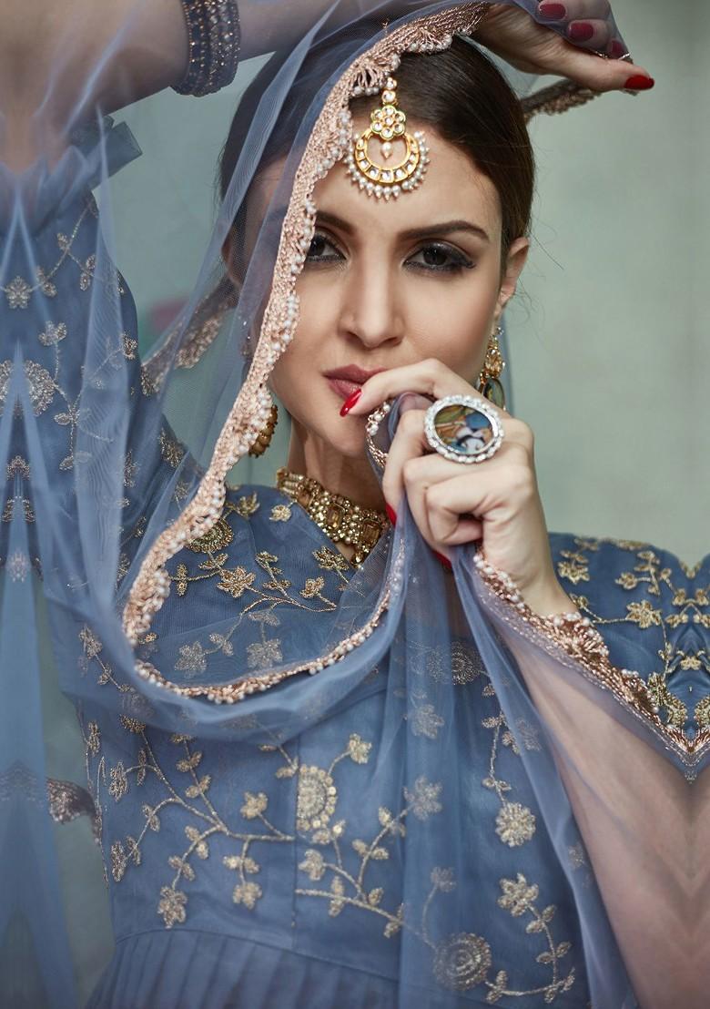 Grey Embroidered Poly Blend Lehenga Set