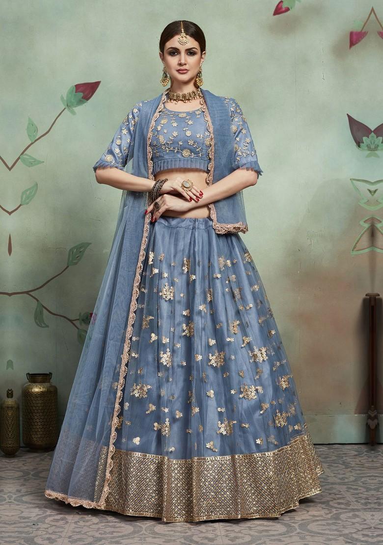 Grey Embroidered Poly Blend Lehenga Set