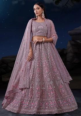 Taupe Purple Embroidered Poly Blend Lehenga Set