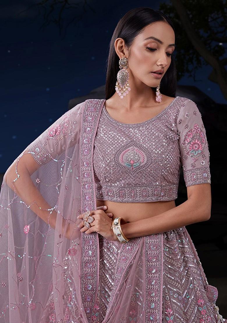 Taupe Purple Embroidered Poly Blend Lehenga Set
