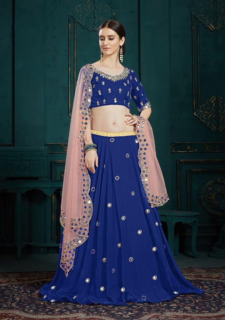 Navy Blue Embroidered Poly Blend Lehenga Set