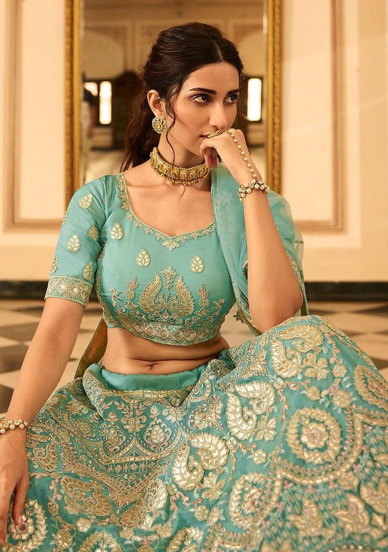 Turquoise Blue Embroidered Poly Blend Lehenga Set