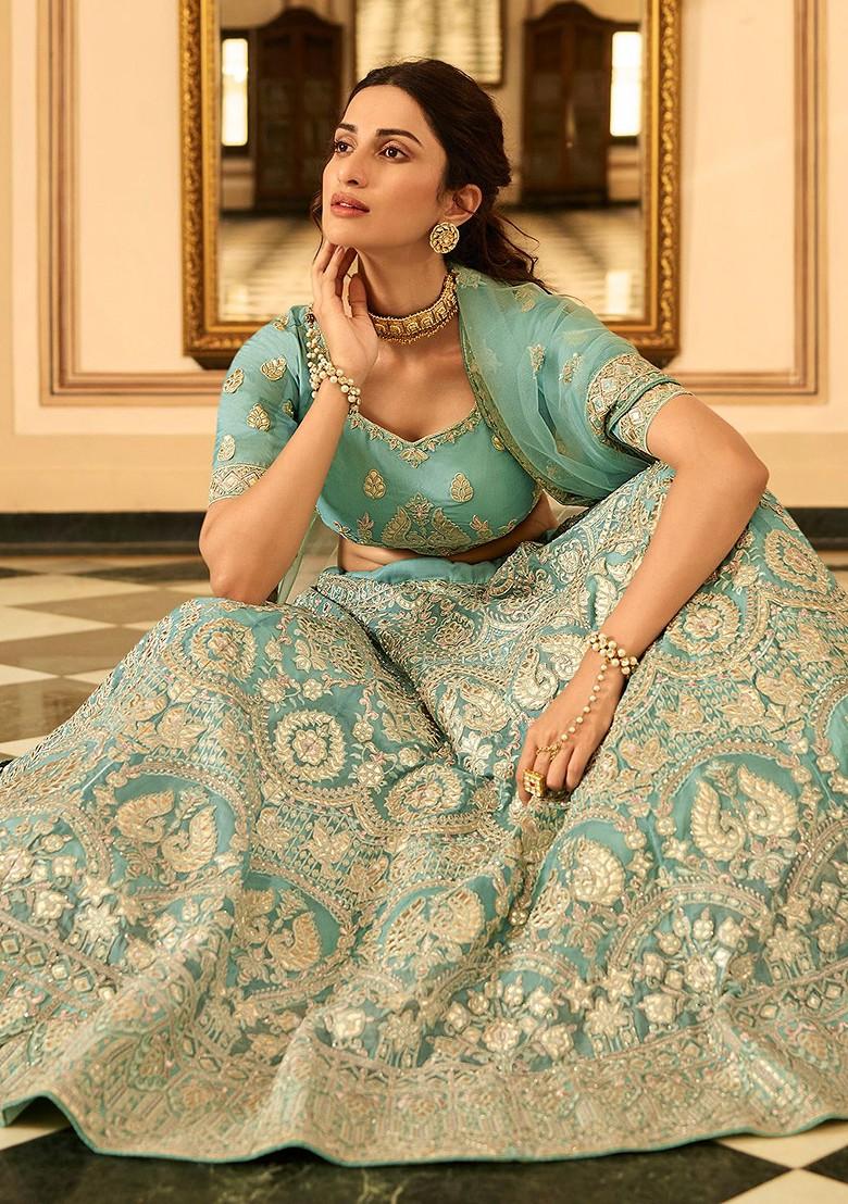 Turquoise Blue Embroidered Poly Blend Lehenga Set