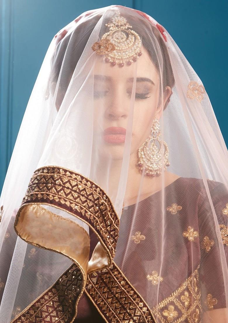 Brown Embroidered Poly Blend Lehenga Set