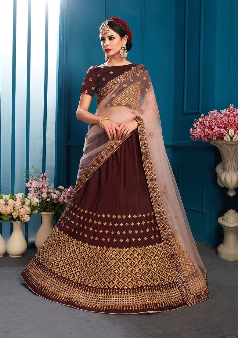 Brown Embroidered Poly Blend Lehenga Set