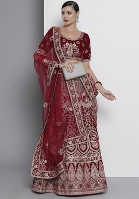 Maroon Embroidered Poly Blend Lehenga Set
