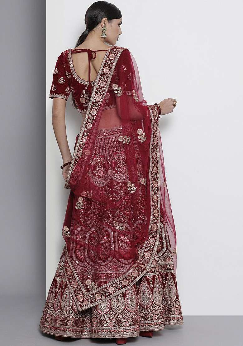 Maroon Embroidered Poly Blend Lehenga Set - Indya