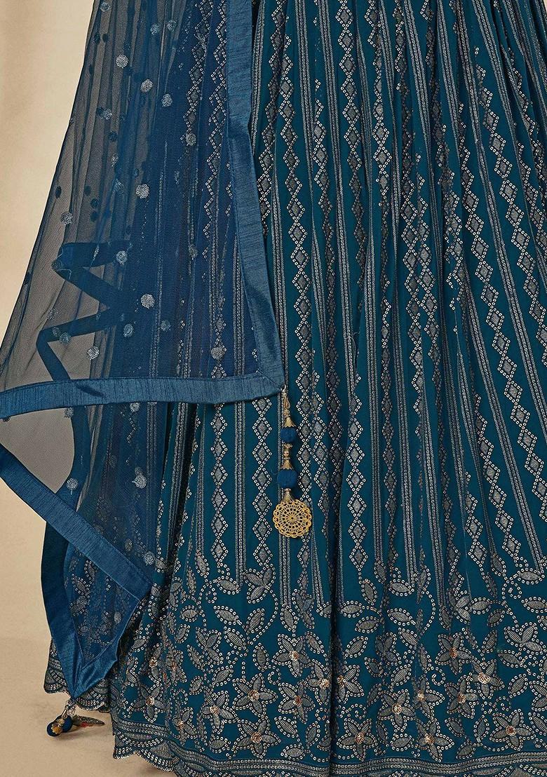 Teal Green Embroidered Poly Blend Lehenga Set