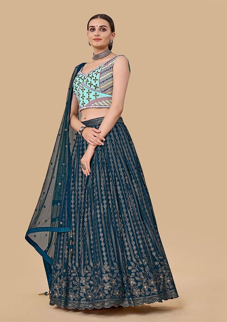 Teal Green Embroidered Poly Blend Lehenga Set