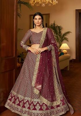 Maroon Embroidered Poly Blend Lehenga Set