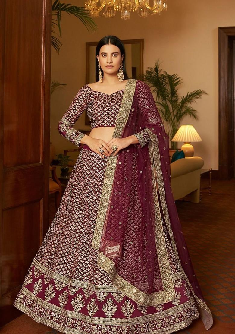 Maroon Embroidered Poly Blend Lehenga Set