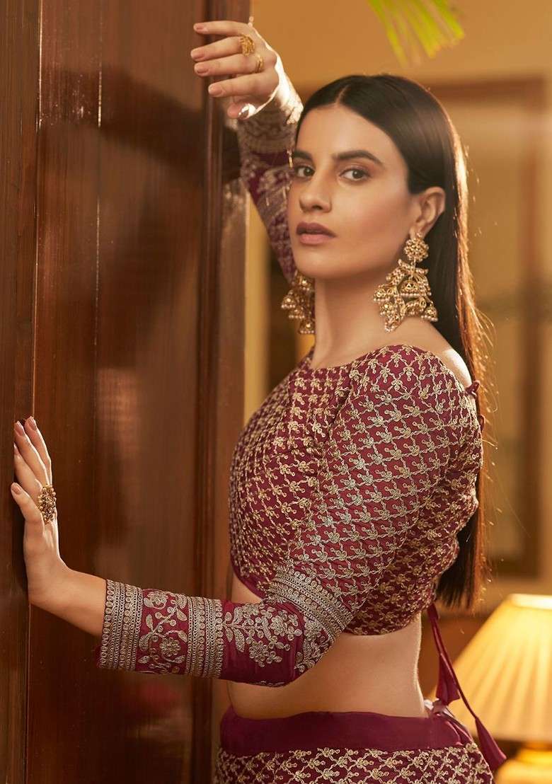 Maroon Embroidered Poly Blend Lehenga Set for Diwali and Festive Wear - Indya