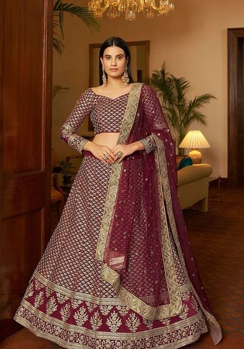 Maroon Embroidered Poly Blend Lehenga Set for Diwali and Festive Wear