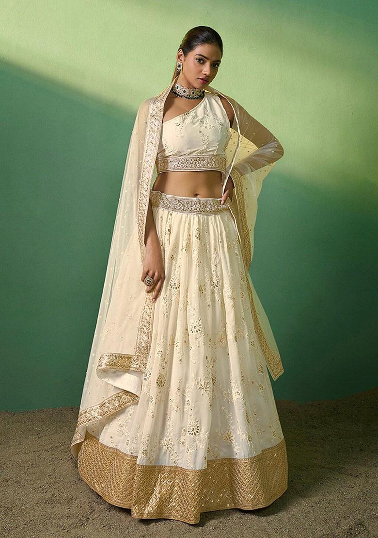 Cream Embroidered Poly Blend Lehenga Set