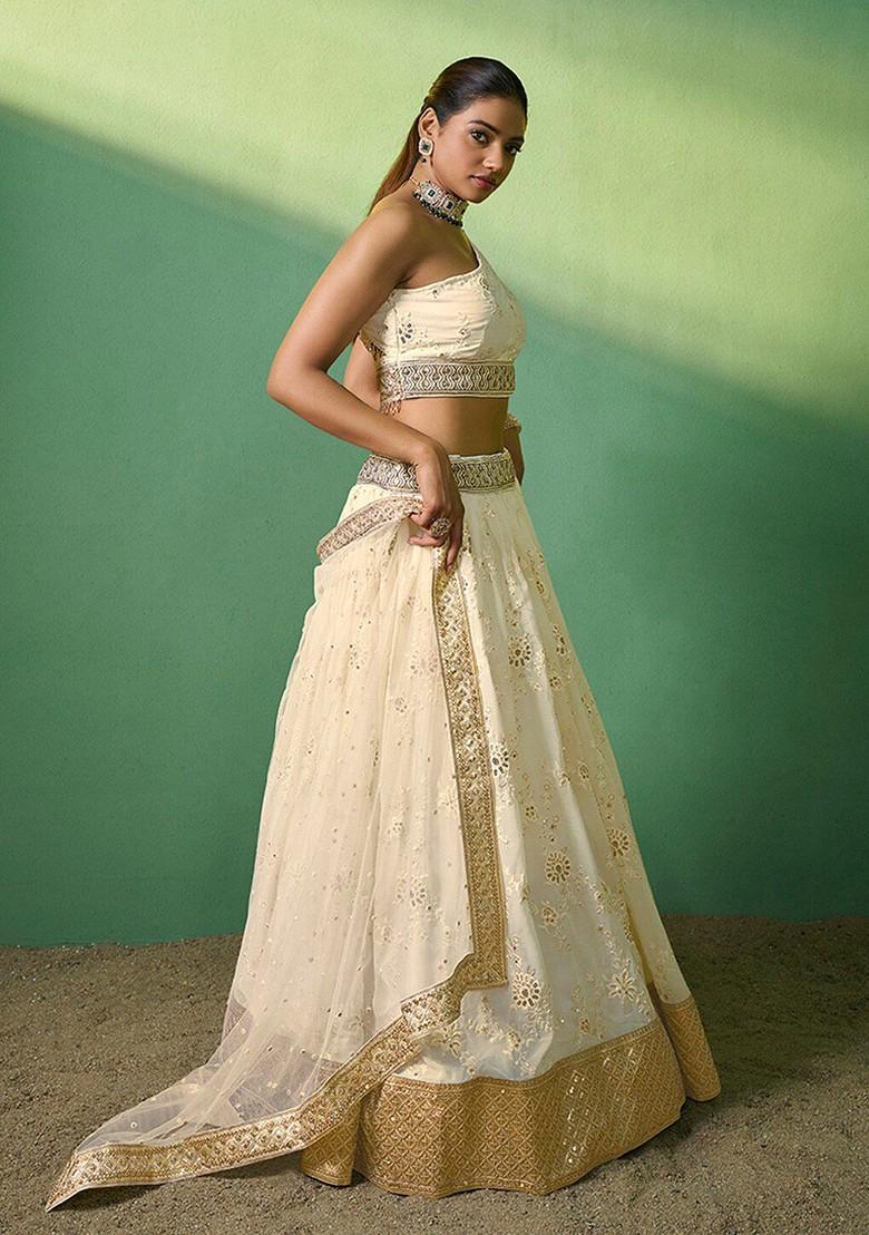 Cream Embroidered Poly Blend Lehenga Set