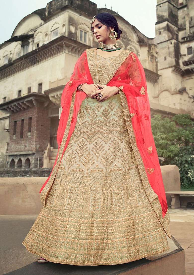 Beige Embroidered Poly Blend Lehenga Set - Indya